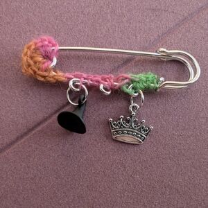 Colorful Crochet Safety Pin Brooch with Charms